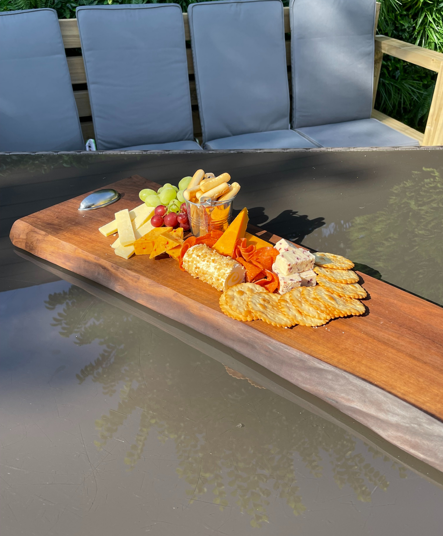 Large French Walnut Charcuterie / Serving Board (silver/metal handles)