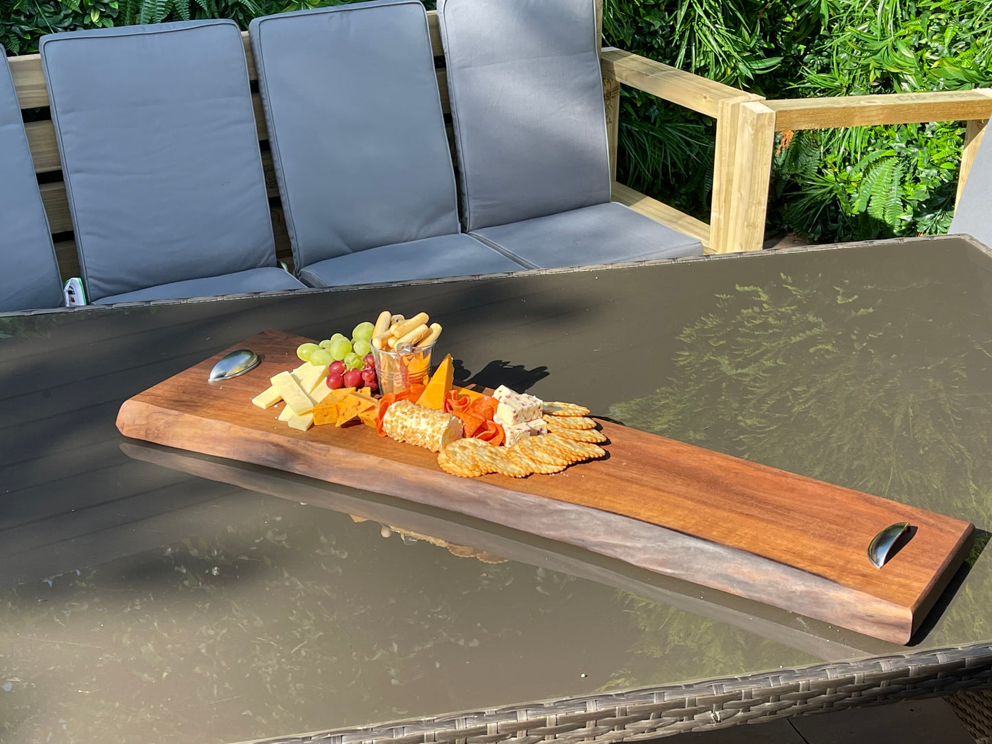 Large French Walnut Charcuterie / Serving Board (silver/metal handles)